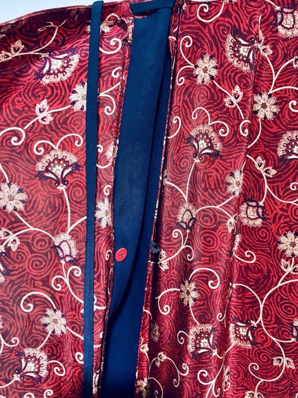 Vintage Y2K Liz Claiborne 100% Silk Asian Inspired Wrap Maxi Skirt Red Navy Sz 8 - Picture 7 of 9